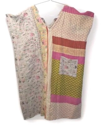 Kantha Patchwork Kimono Tunic Poncho Top Colorful Patch Pockets Woman One Sz #H