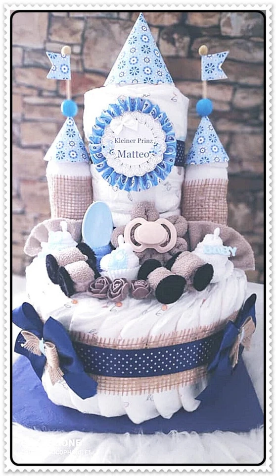 MARKENLOS Windeltorte Schloss Junge mit Autos Schnuller personalisiert mit Namen