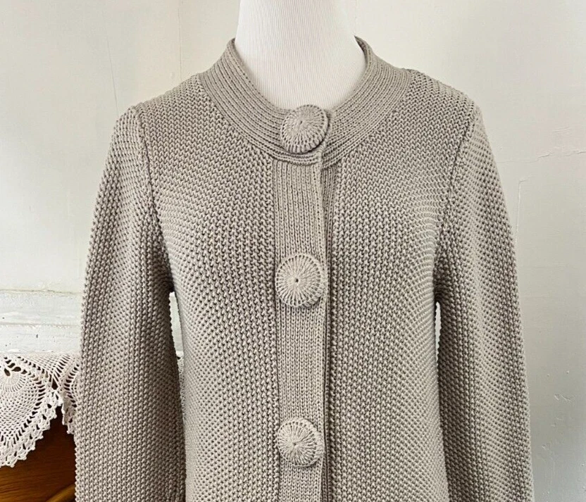 Boden 100% 棉长款开衫灰褐色粗针织掸子毛衣 Lg 纽扣 US/6 — 第 2/4 张图片