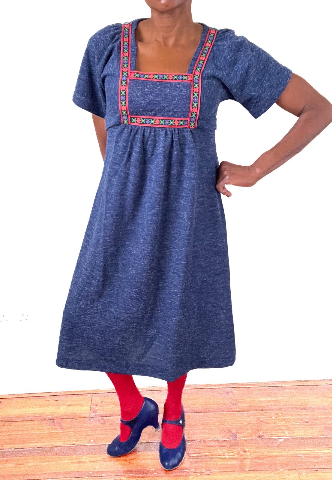 ACKERMANN 1970s Vintage Empire Waist Dress in Blue Size UK 10-12