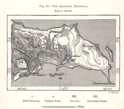 Die Absheron Halbinsel. Aserbaidschan. Skizzenkarte 1885 alte antike Plankarte