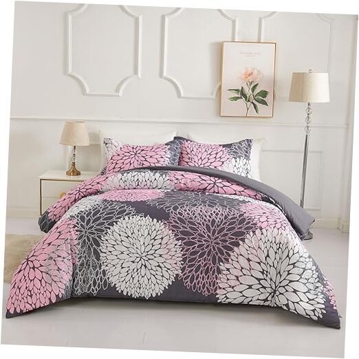 3PCS Pink and Grey Comforter Set Queen Size, Full/Queen Grey Pink Floral