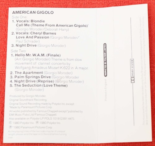 AMERICAN GIGOLO - UK CASSETTE TAPE-ORIGINAL SOUNDTRACK (GIORGIO MORODOR/BLONDIE) - Picture 4 of 4