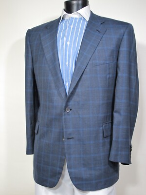 Superb Mr Ned 5th Ave Bespoke Blue Window Pane Sport Coat 44 45R Wool & Silk