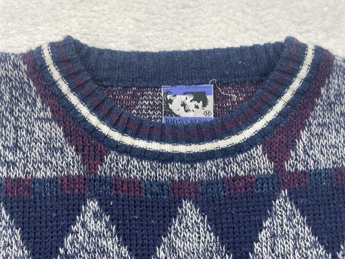 Vintage 90s Geometric Knit Sweater Purple Blue Acrylic Medium VTG Unisex Casual - Picture 2 of 12