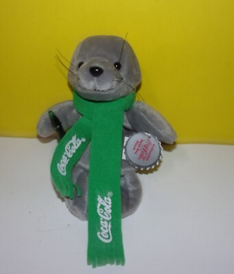 1998 Coke COCA COLA Gray Seal 8'' Bean Bag Coke Plush Toy Green Scarf w/ Tag