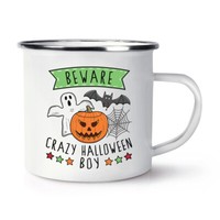 Beware VerrüCkte Halloween Jungen Emaille Becher Tasse Gruselig Geist KüRbis Son