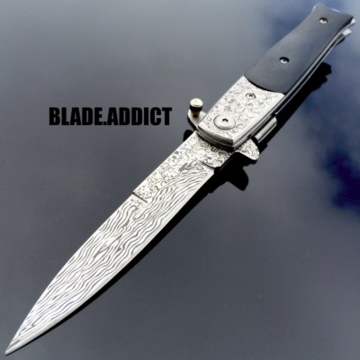 8.5'' Damascus Italian Stiletto Black SWIRL Spring Assisted Open Pocket Knife