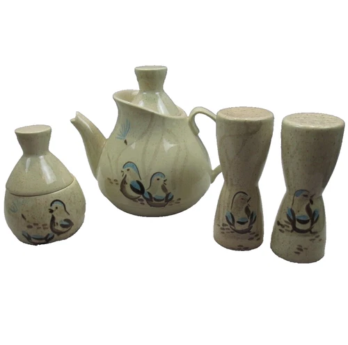 VTG MCM Lot Red Wing Bob White Quail Pottery Tea Pot Sugar Bowl Salt Pepper READ