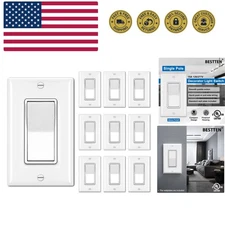 10 Pack Single Pole Decorator Light Switch with Wallplate, 15A 120/277V, Rock...