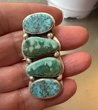 Native American 925 Sterling Silver Natural Turquoise 4-Stone Bezel Ring Sz 7