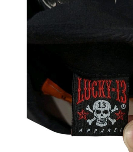 Lucky 13 Shirt Mens Medium Pinup Girl Cards Poker Black Graphic Bikini Biker - Picture 5 of 8