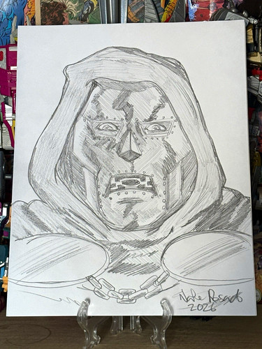 Nate Rosado Hand Drawn Doctor Doom Pencil Sketch Hard Signed 2026 8.5x11 Paper