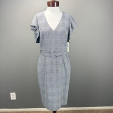 Eliza J NWT Black White Plaid Jacquard Flutter Sleeve Belted Sheath Dress Sz 8