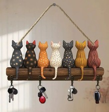 7 CAT TAIL WOODEN KEY HOLDER HANGING 4 HOOK HANGER 2D PRINT