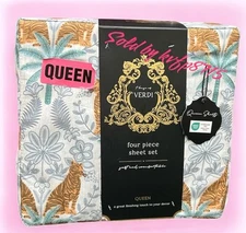 Tiger, Palm tree Flowers Elegant 4Pc Queen Bed Sheet Set New Classy Cute