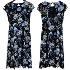 Banana Republic Black & Blue Floral Cap Sleeve Midi Dress Size 8 Petite NEW