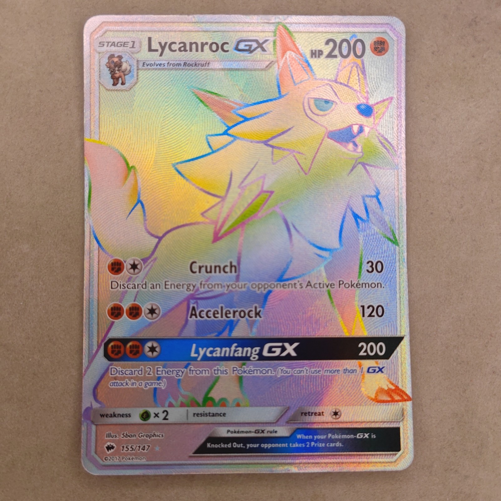 Lycanroc GX 155/147 Secret Rainbow Rare Pokemon Card HP Heavily Played 