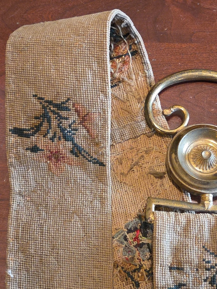 Antique Bell Pull Needlepoint Embroidery Brass Handle 19th Century as is - Image 3 of 4