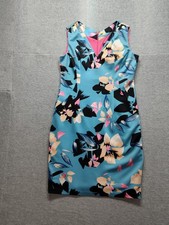 Vince Camuto Sheath Women Dress 12 Blue Floral Sleeveless Knee Length Cocktail