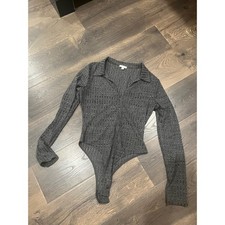 Long Sleeve Collared Knit Bodysuit Dark Gray Button Neck Slim Fit Large