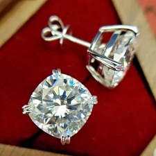 4Ct Cushion Cut Lab Created Diamond Solitaire Stud Earrings 14K White Gold Over