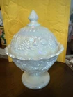 Vintage Westmoreland Iridescent Milk Glass Grape & Fruit Pedestal Compote Dish