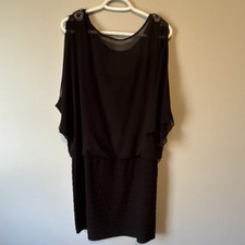 R M Richards Black Chiffon Sheath Dress 16W Beaded Accents Lined Flutter Sleeve