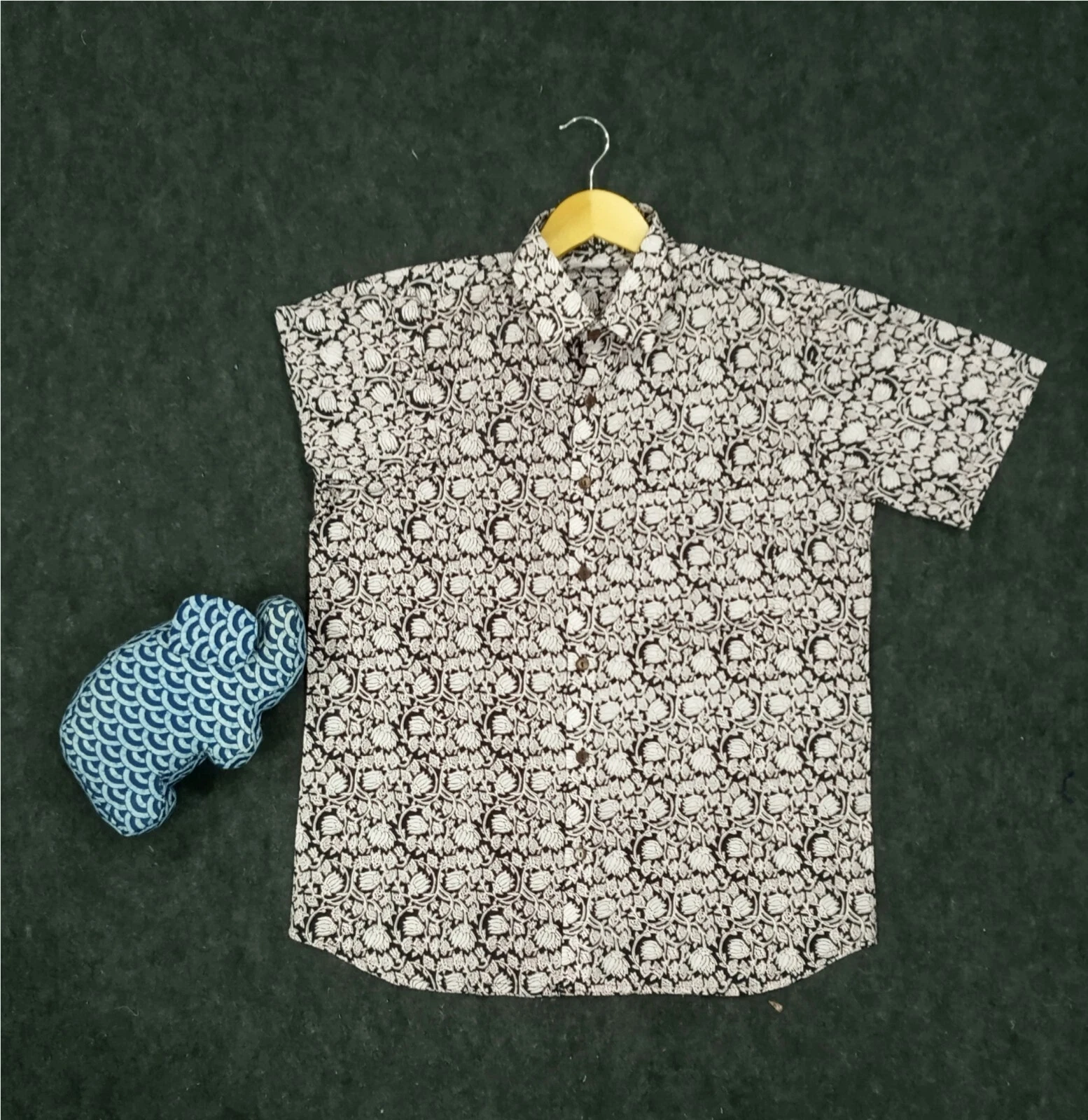 Indian Black Floral Print Cotton Men's Shirt Handmade Boy Partywear Shirt M Size