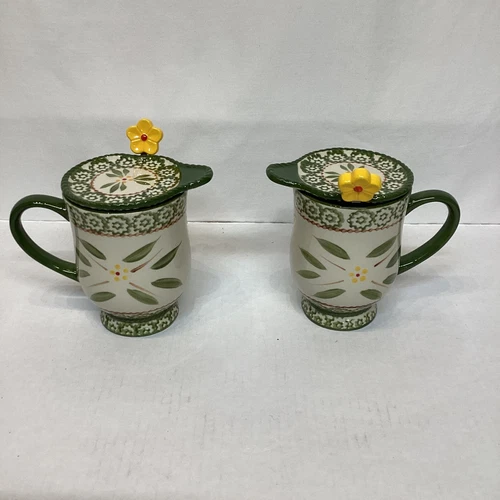 Temp- tations Old World Set of 2 Mugs w/Lid-It & Spoon Green H216485