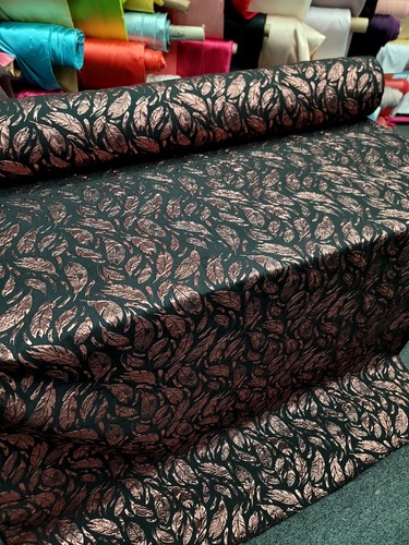 ROSE GOLD Feathers Metallic Black Brocade Fabric Sold By The Yard For Dress Upho - Picture 4 of 12
