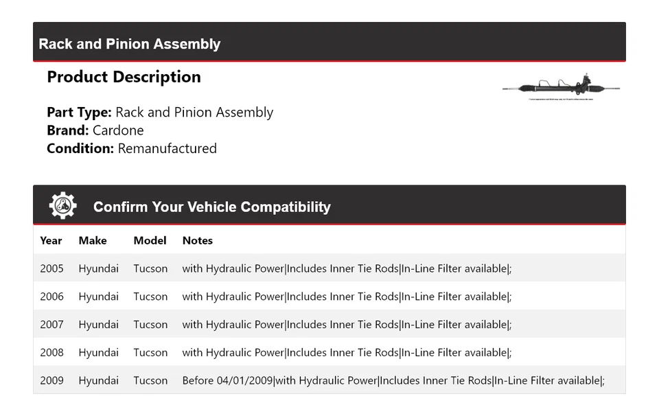 Conjunto de piñón y cremallera Cardone para Hyundai Tucson 2005-2009 2006 2007 2008 Foto 2 de 4