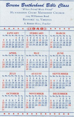 Berean Brotherhood 1948 Calendar Roanoke VA Huntington Court Methodist  Church | eBay