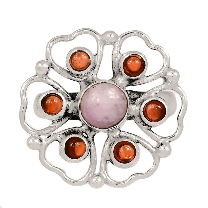 Natural Genuine Kunzite Cabochon & Garnet 925 Silver Ring STS1 s.7 CR67989