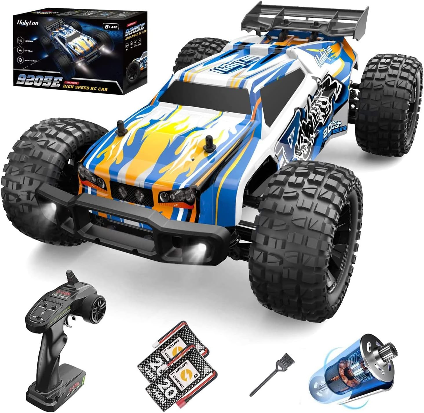 High Speed 1:10 RC Monster Truck 48+ KM/H, LED Lights, 4WD, 2 Batteries