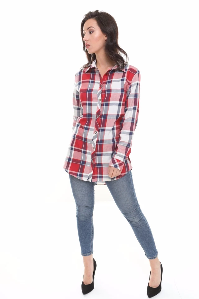 Womens Check Shirt Ladies Long Sleeve Plaid Check Summer Mini Dress UK Size 8-18 - Image 3 of 4