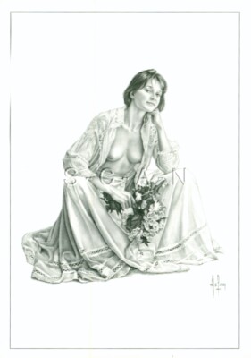 Vintage French Postcard- Alain Gourdon- Nude- Aslan- Sophie- Long Dress- Flowers