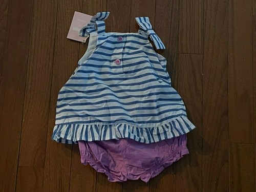 New Gymboree Hippos and Bows Blue White Striped Top Purple Bottoms 6-12 months - Picture 9 of 10