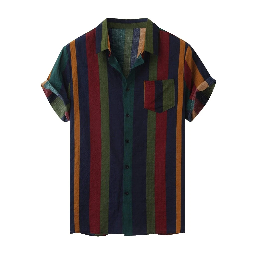 Polyester Short Sleeve Striped Western Casual Button-Down Shirts for Men