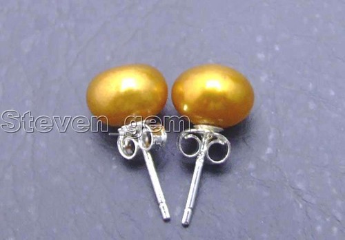 7-8mm Brown Round Natural Freshwater Pearl Earring for Women & Silver Stud e348 - Picture 3 of 5