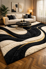 Hand Tufted Wool Rug  Black  Ivory Abstract Luxury Area Rug with Gold Accents
