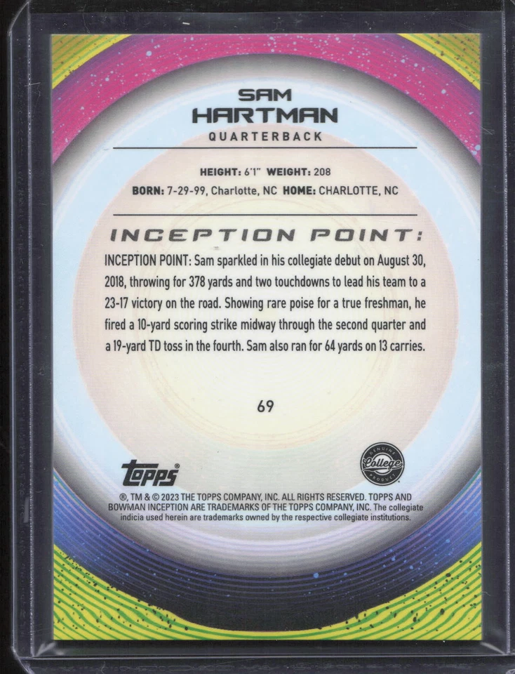 Sam Hartman 2022-23 Bowman University Inception #69 Notre Dame #/299 - Image 2 of 2