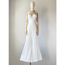 Vintage 1970s White Beaded Frederick's of Hollywood Halter Bridal Jumpsuit SMALL