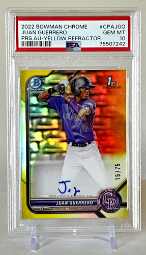 2022 Bowman Chrome Juan Guerrero Yellow Refractor Auto /75 PSA 10 1st