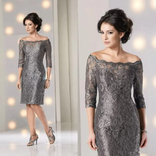 Gray Lace Mother's Dresses Off The Shoulder Long Sleevesl Silver Prom Dress Knee