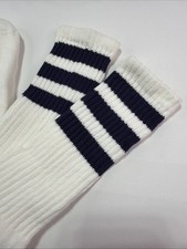 Vintage Tube Socks 20  White Navy 1980's Acrylic Blend Striped Soft NOS 90's.