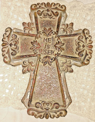 VINTAGE RESIN CARVED CROSS ORNATE WALL PLAQUE HE IS RISEN 4 1/4 X 5 1/2''