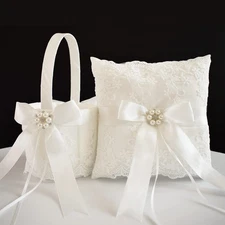 Ivory Satin and Lace Wedding Flower Girl Basket and matching Ring Bearer Pillow