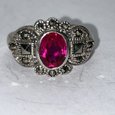 Sterling Silver 925 Size 5, Red lab ruby with marcasites