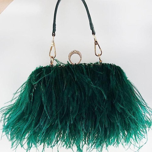 Luxury Ostrich Feather Bag Metal Chain Handbag Women's Evening Clutch Bag Purse - Picture 11 of 24